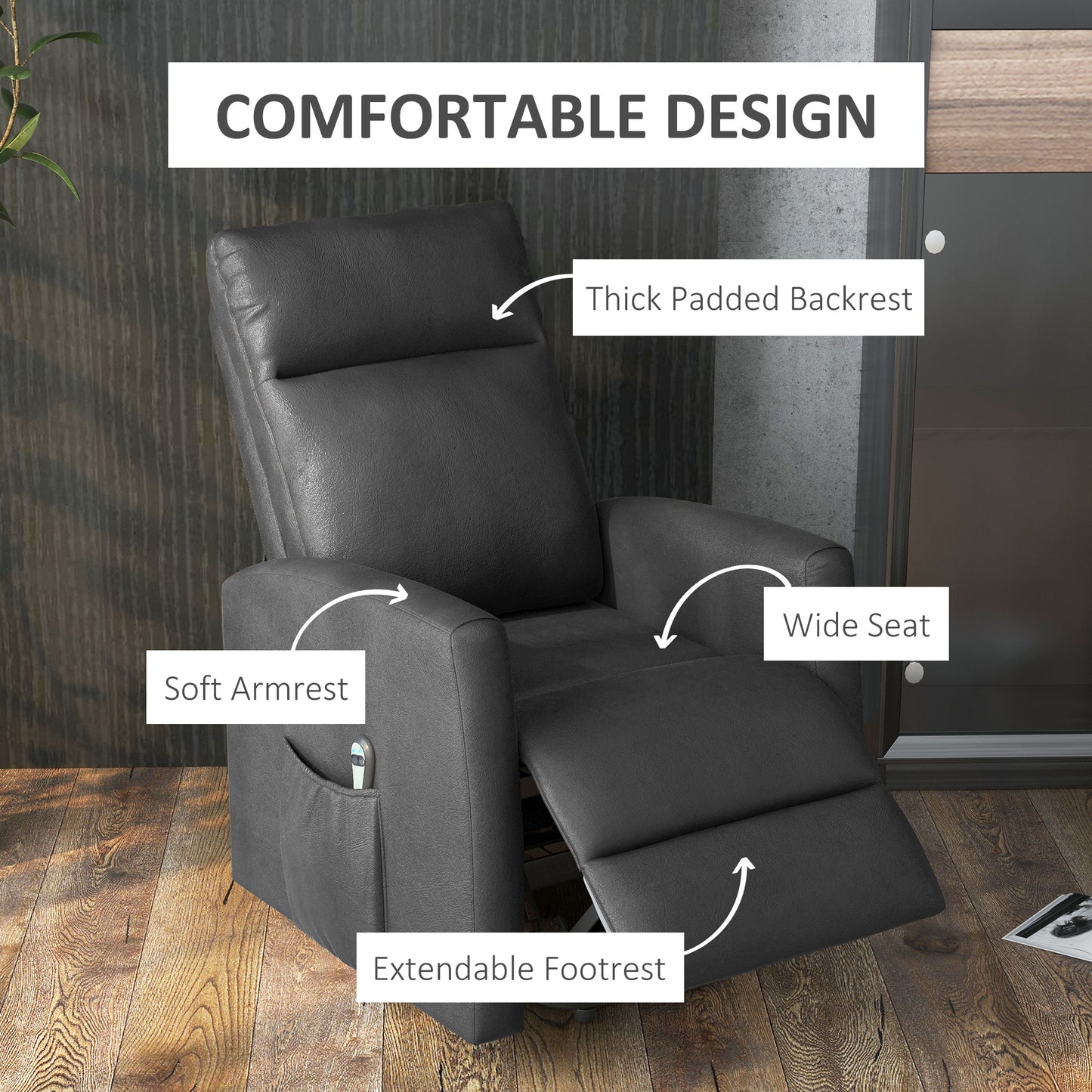 Fauteuil inclinable releveur électrique avec télécommande et poche latérale, gris