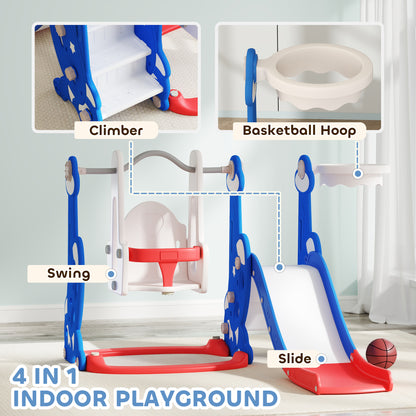 4-in-1 Slide and Swing Set with Basketball Hoop and Climber, for Boys and Girls Ages 1.5-4, Rocket Theme, Dark Blue