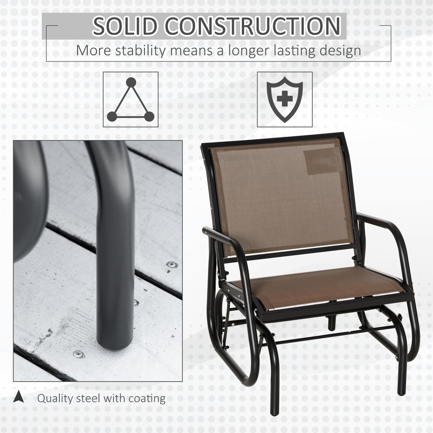 Fauteuil de jardin avec assise et dossier en tissu maillé respirant, cadre en métal et accoudoirs, marron
