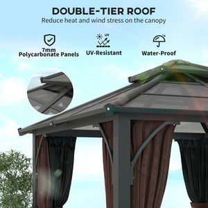 10' x 10' Hardtop Gazebo with 7mm Double Polycarbonate Roof, Outdoor Gazebo with Netting and Curtains, Coffee
