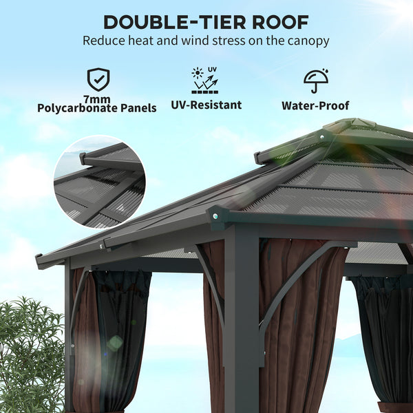 10' x 10' Hardtop Gazebo with 7mm Double Polycarbonate Roof, Outdoor Gazebo with Netting and Curtains, Coffee