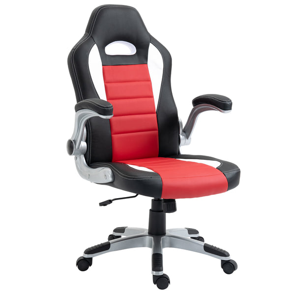 Chaise de gaming en cuir synthétique, hauteur réglable, accoudoirs relevables, roulettes pivotantes, rouge