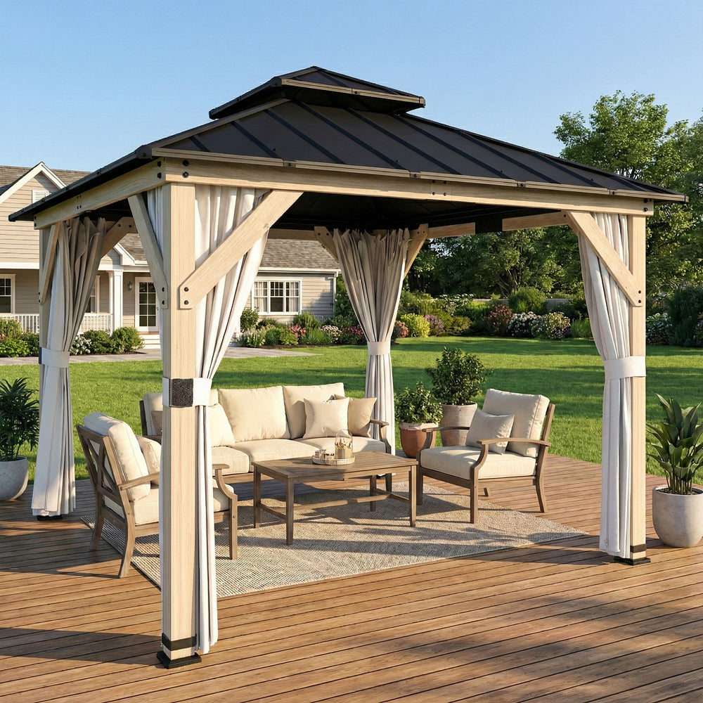 10' x 10' outdoor gazebo with double rigid steel roof, wood frame, curtains and hooks, light grey