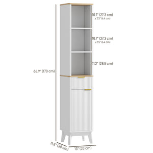 Meuble de salle de 170 cm de haut, étroit avec 3 étagères ouvertes, tiroir et 2 étagères réglables, blanc