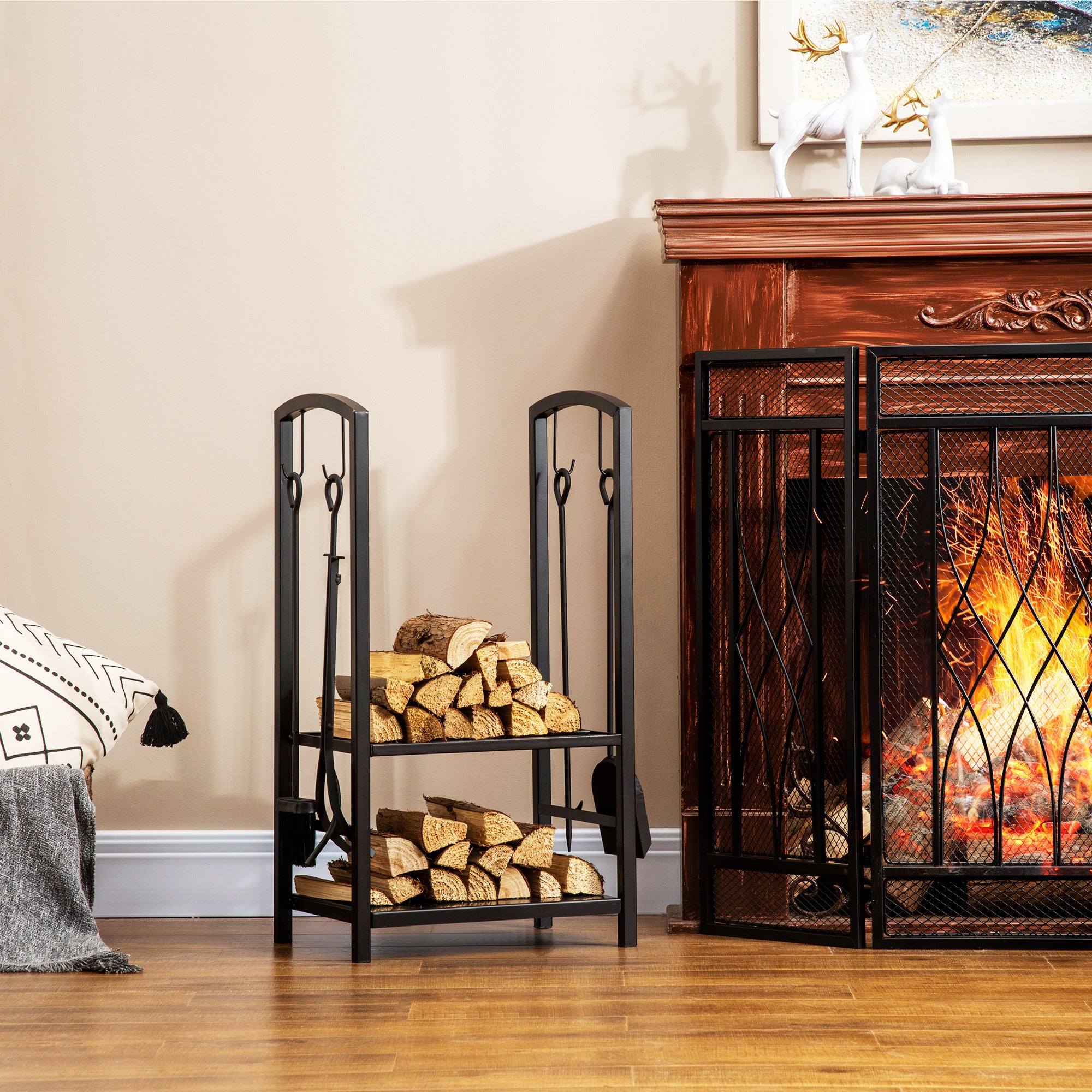 40cm 2-tier log rack with 4 tools black