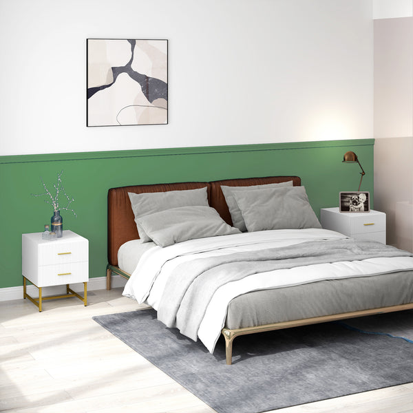 Lot de 2 tables de chevet modernes avec 2 tiroirs cannelés et pieds dorés, blanc