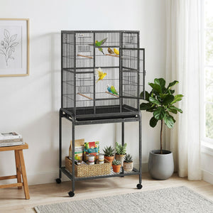 56"H Bird Cage, Parrot Cage with Detachable Rolling Stand, Removable Tray, Storage Shelf, Perches, Food Container