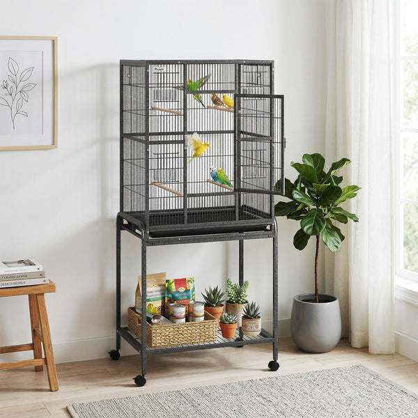 56"H Bird Cage, Parrot Cage with Detachable Rolling Stand, Removable Tray, Storage Shelf, Perches, Food Container