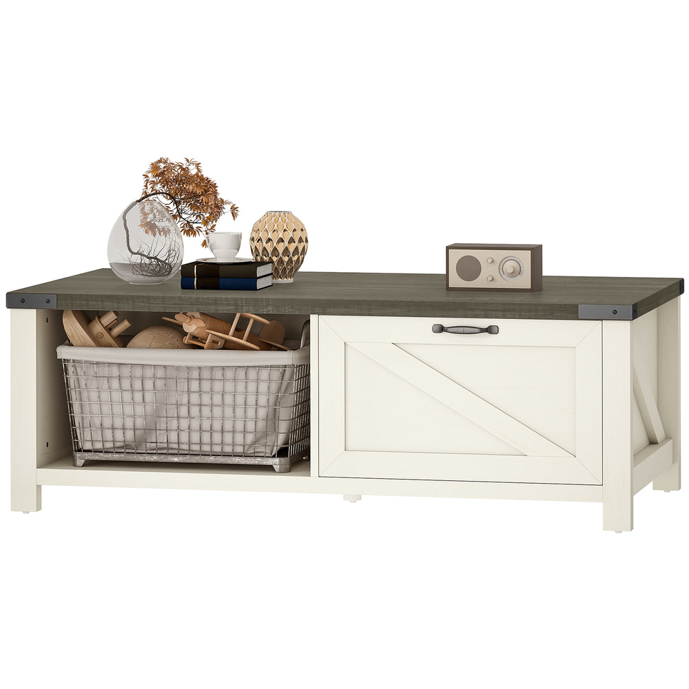 Table basse Farmhouse avec tiroir et étagère ouverte, blanc vieilli