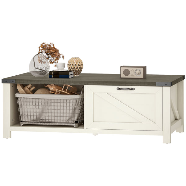 Table basse Farmhouse avec tiroir et étagère ouverte, blanc vieilli