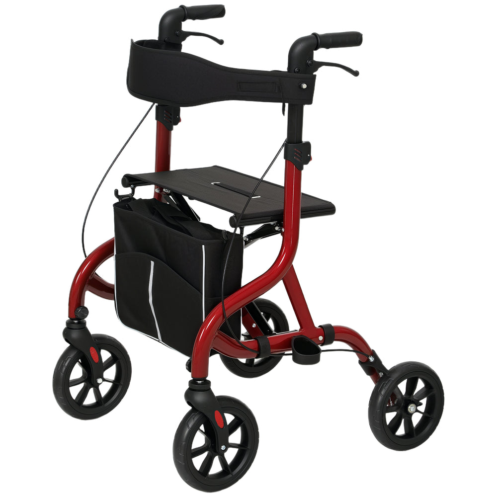 Déambulateur pliable avec siège pour seniors, léger à roulettes avec poignées réglables, rouge
