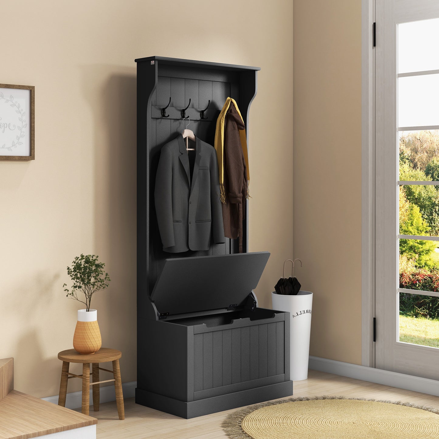 Meuble d'entrée 3 en 1 avec porte-manteaux, rangement à chaussures et banquette, noir