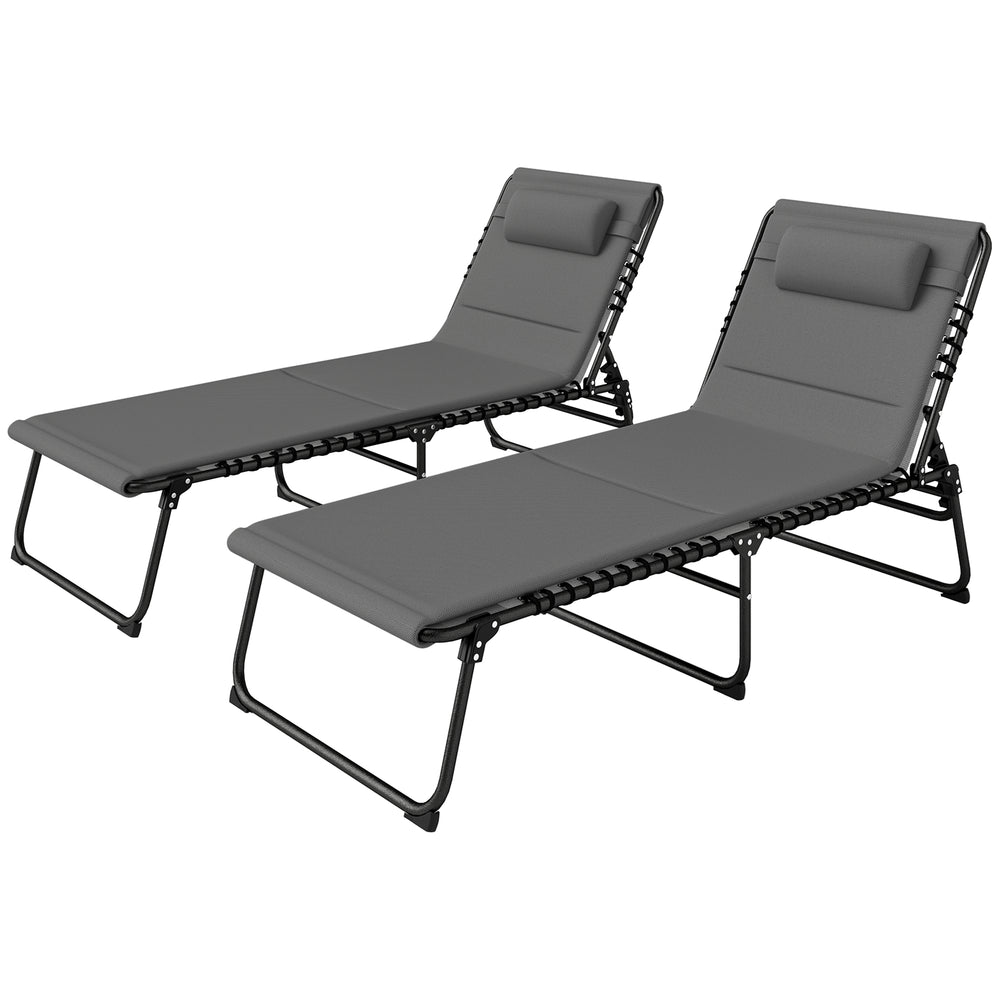 Lot de 2 chaises longues pliantes, inclinables avec coussin à séchage rapide, appuie-tête et poche latérale, gris clair