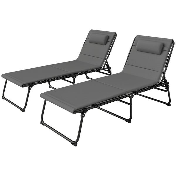 Lot de 2 chaises longues pliantes, inclinables avec coussin à séchage rapide, appuie-tête et poche latérale, gris clair