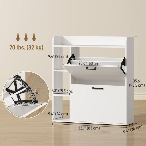 Meuble à chaussures étroit avec 2 tiroirs basculants et rangements latéraux, blanc