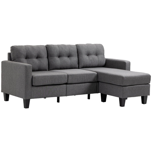 Canapé 3 places avec pouf, coussin épais et pieds en bois, gris foncé