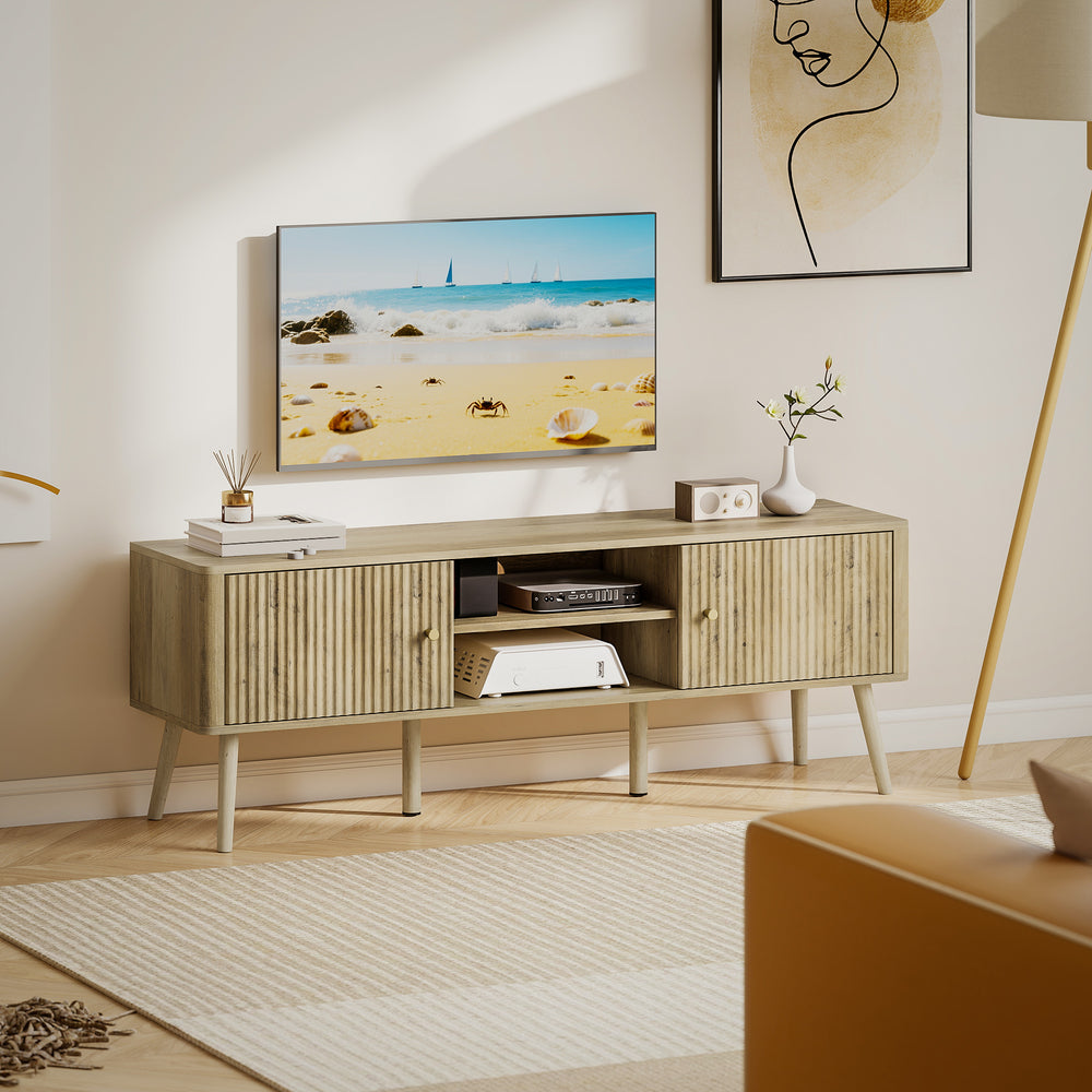 Meuble pour téléviseur 65 pouces avec étagères réglables et pieds en pin, chêne