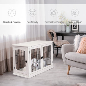 26" Wooden Dog Cage with Double Door Entrance & Simple Modern Design, White