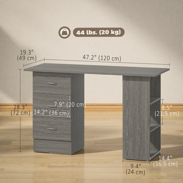 Bureau 47 pouces, étagères de rangement à 3 niveaux avec tiroirs, table d'écriture, gris