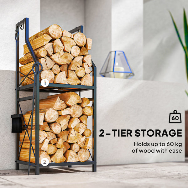 Support à bois de chauffage à 2 niveaux avec 4 outils pour foyer