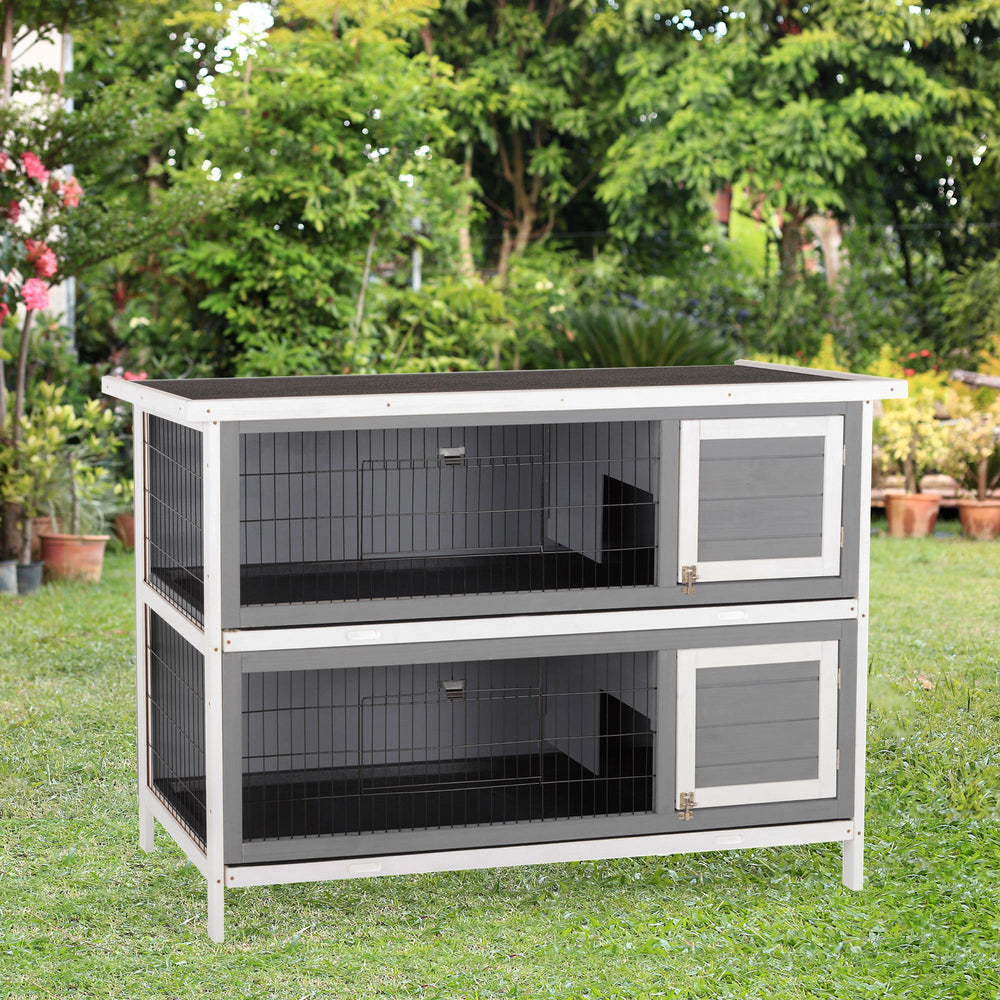 Clapier en bois à 2 niveaux pour lapins, gris