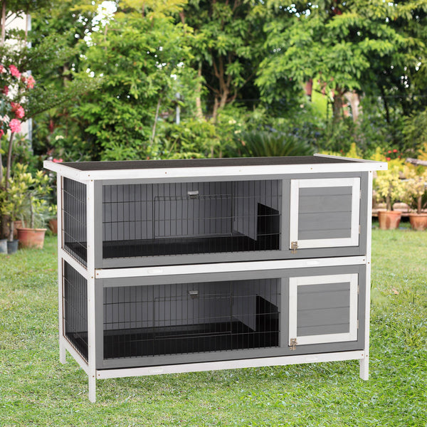 Clapier en bois à 2 niveaux pour lapins, gris