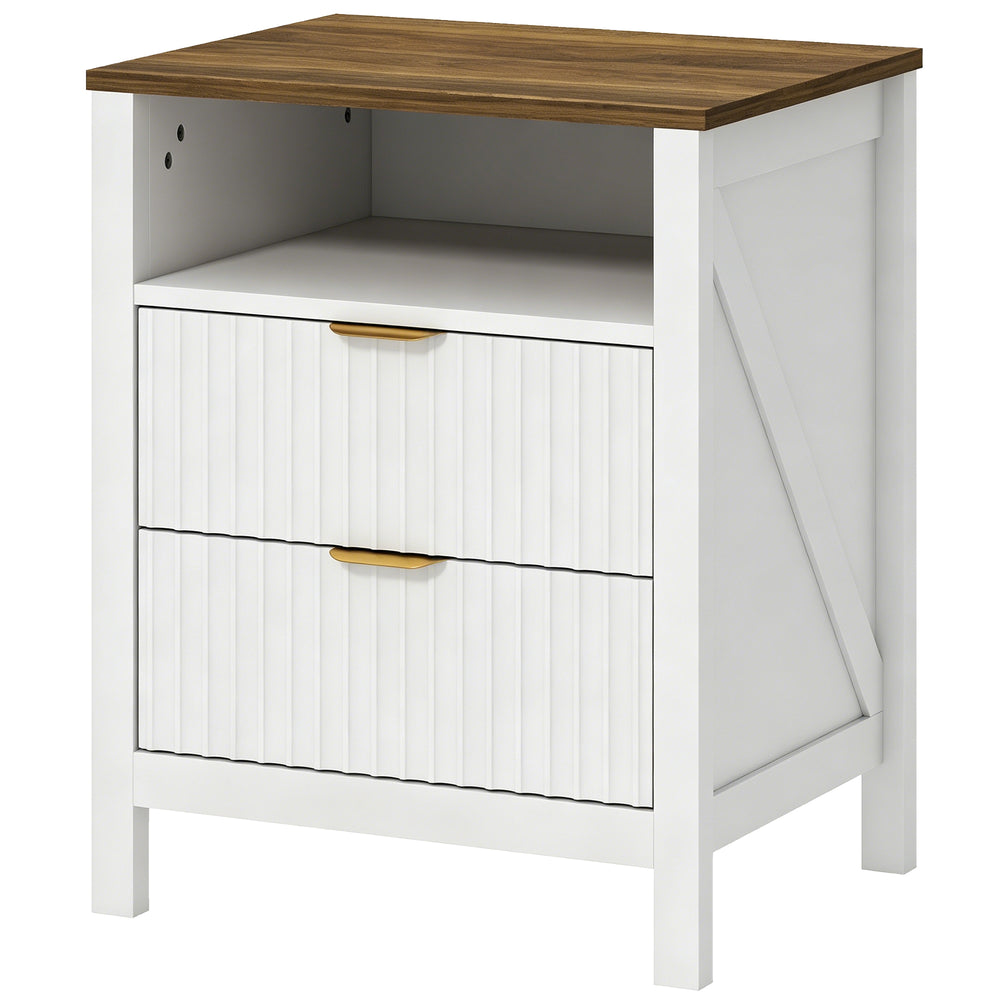 Table de chevet avec 2 tiroirs, tablette ouverte et plateau effet noyer, blanc