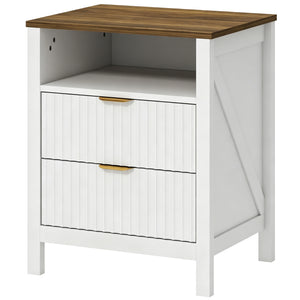 Modern Nightstand with 2 Fluted Drawers, Bedside Table with Open Storage Shelf, Anti-Tipping Design, White and Walnut