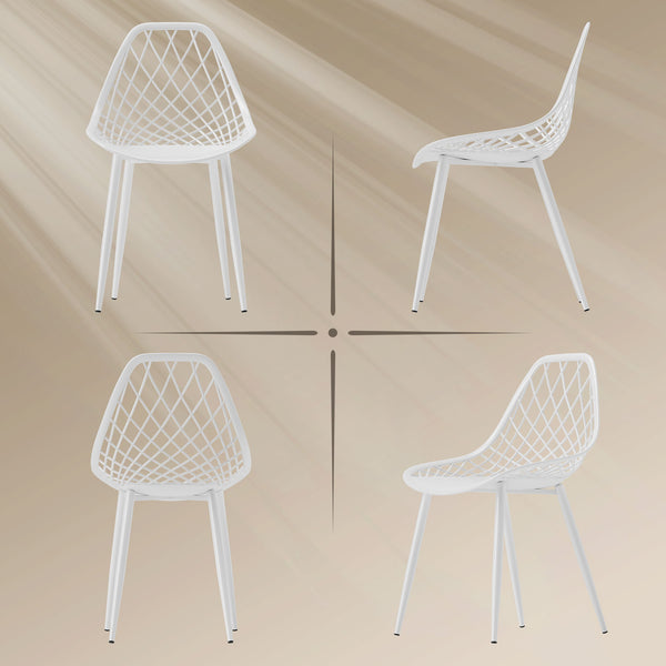 Lot de 4 chaises de salle à manger modernes en plastique avec dossier creux et pieds en métal, blanches