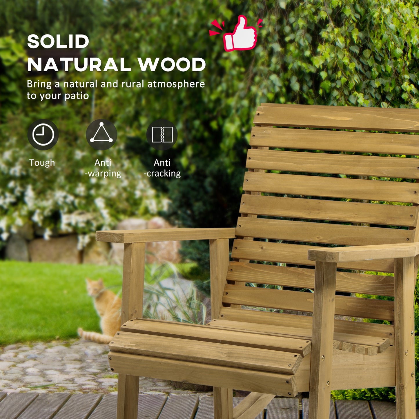 Fauteuil à bascule en bois, structure à lattes avec accoudoirs, pour l'extérieur et l'intérieur, marron clair