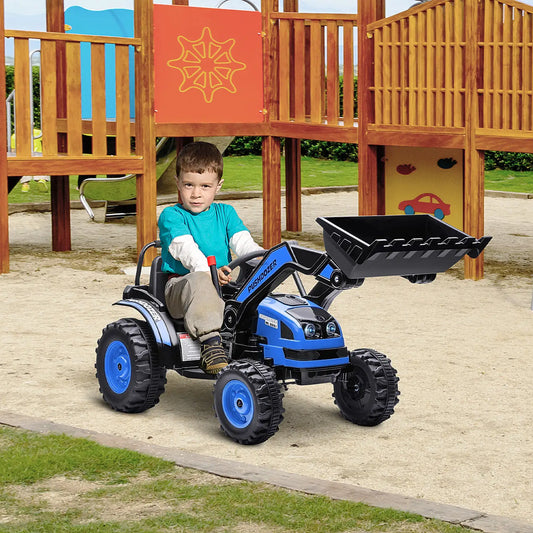 Tracteur 6 V pour enfants alimenté par batterie, pelleteuse autoportée, avec musique, phare avant et marche arrière, bleu