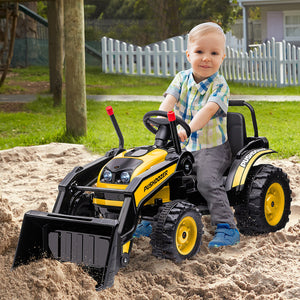 Tracteur 6 V pour enfants alimenté par batterie, pelleteuse autoportée, avec musique, phare avant et marche arrière, jaune