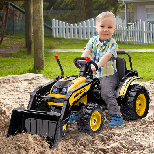 Tracteur 6 V pour enfants alimenté par batterie, pelleteuse autoportée, avec musique, phare avant et marche arrière, jaune