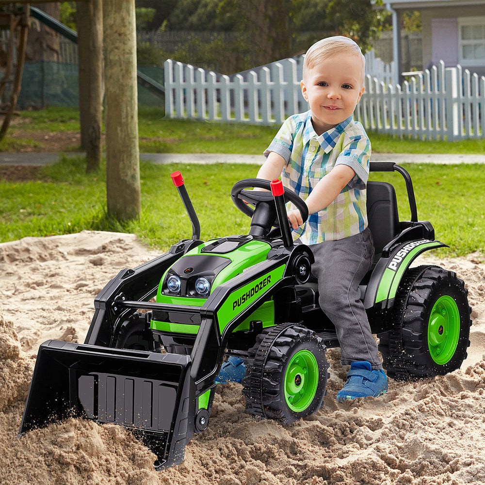 Tracteur 6 Volts pour enfants alimenté par batterie, pelleteuse autoportée, avec musique, phare avant et marche arrière, vert