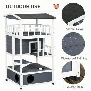 Maison pour chats à 4 étages en bois avec niche et perchoir, grise