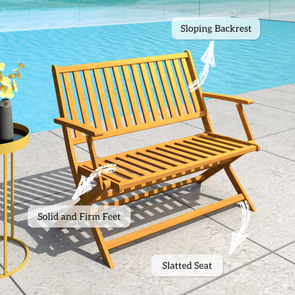 Banc d'extérieur pliable en bois avec dossier et accoudoirs pour extérieur, teck