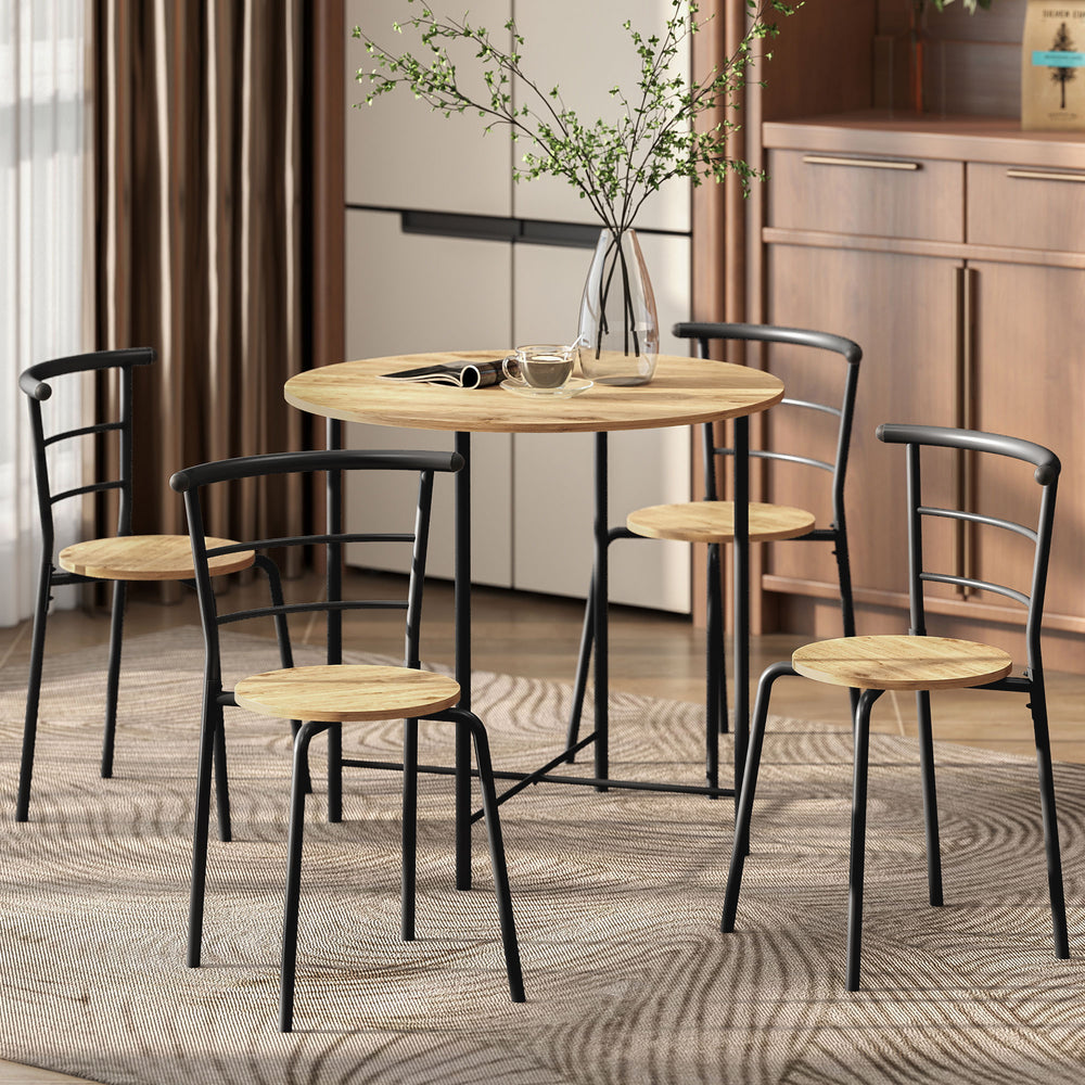 5-piece dining set, space-saving round table for 4 people with metal frame, natural color