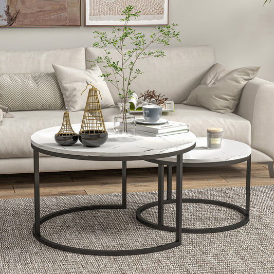 Lot de 2 tables basses modernes avec base en métal, imitation marbre blanc