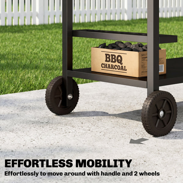 2-Tier Outdoor BBQ Cart, Grill Stand with Drink Holder, Hooks, and Wheels, Black and Brown