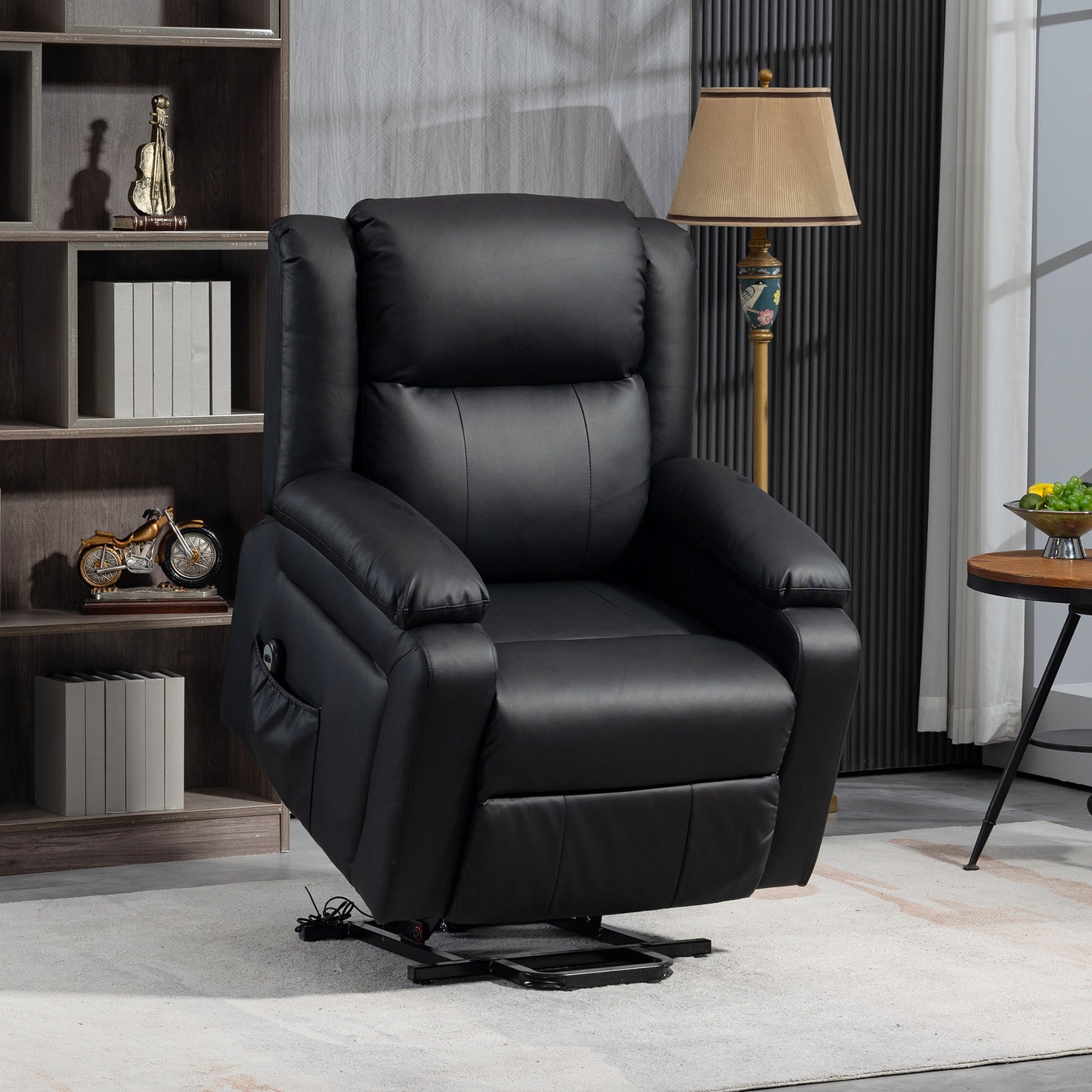 Fauteuil releveur inclinable électrique en cuir synthétique avec télécommande, poches latérales, montage rapide, noir