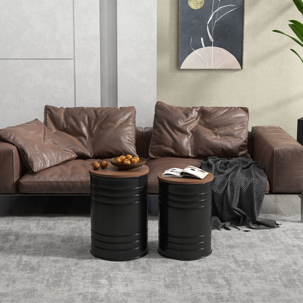 Lot de 2 tables d'appoint rondes avec couvercle en bois, noir