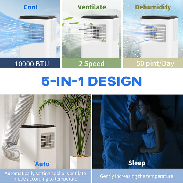 Climatiseur mobile de 10 000 BTU, 440 pi² (41 m²), déshumidificateur, ventilateur, mode veille automatique, minuterie 24 h marche/arrêt, kit fenêtre, blanc