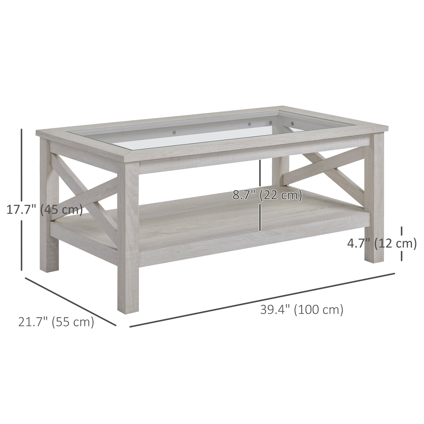 Table basse de style ferme avec plateau en verre trempé