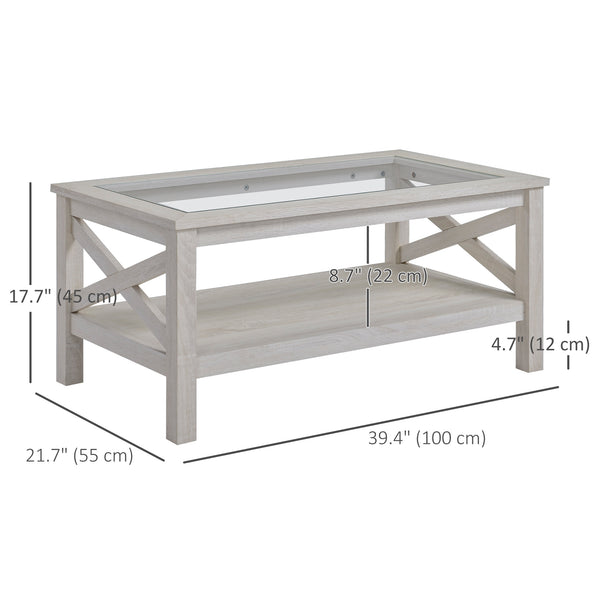 Table basse de style ferme avec plateau en verre trempé, chêne blanc