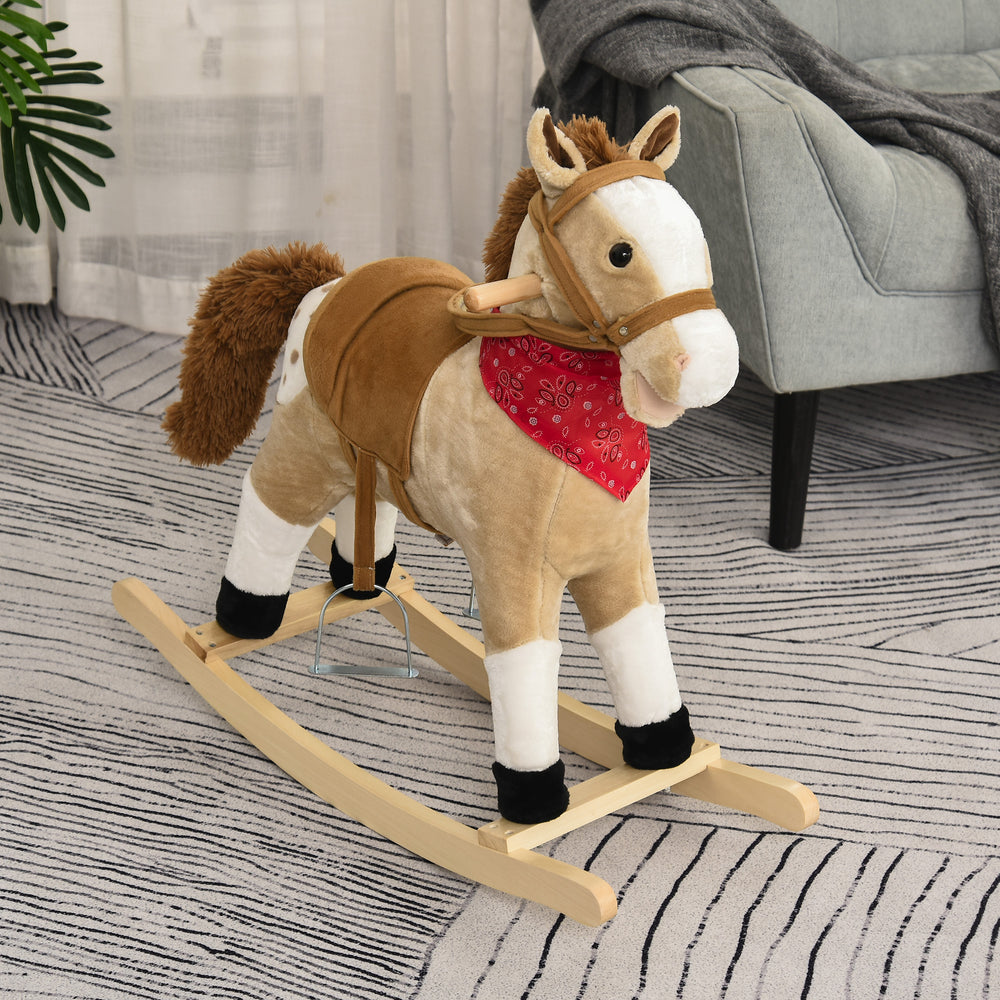 Cheval à bascule en peluche, style cowboy, avec sons réalistes et amusants, beige