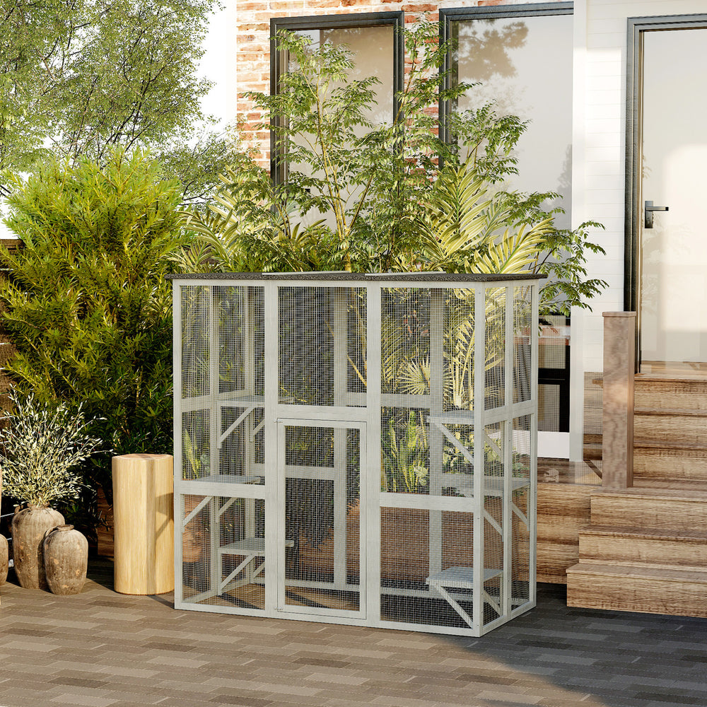 Large outdoor cat enclosure weatherproof with asphalt roof with 6 balanced platforms, 180 x 100 x 180 cm, grey