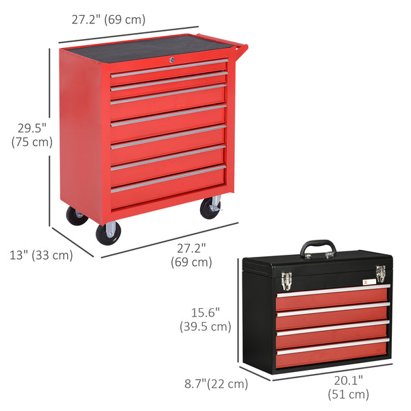 Lockable tool chest (2-piece set): 7-drawer cabinet, 4-drawer tool chest with handle, red