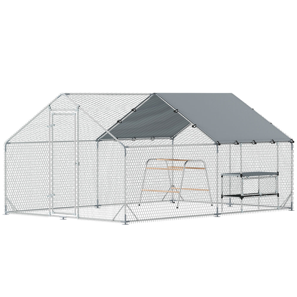 Metal chicken coop with waterproof tarp, nest box and perches