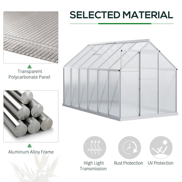 Polycarbonate greenhouse with adjustable roof ventilation and sliding door, transparent