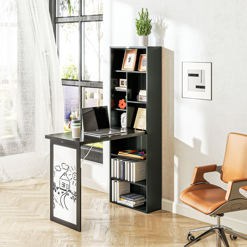 Bureau convertible pliable avec tableau blanc et étagère latérale, noir